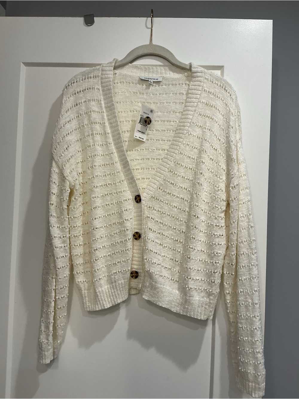 Hooked Up by IOT Cream Open-Knit Button Cardigan